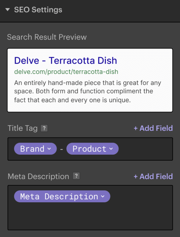 Preview of setting title tags and meta descriptions in Webflow.